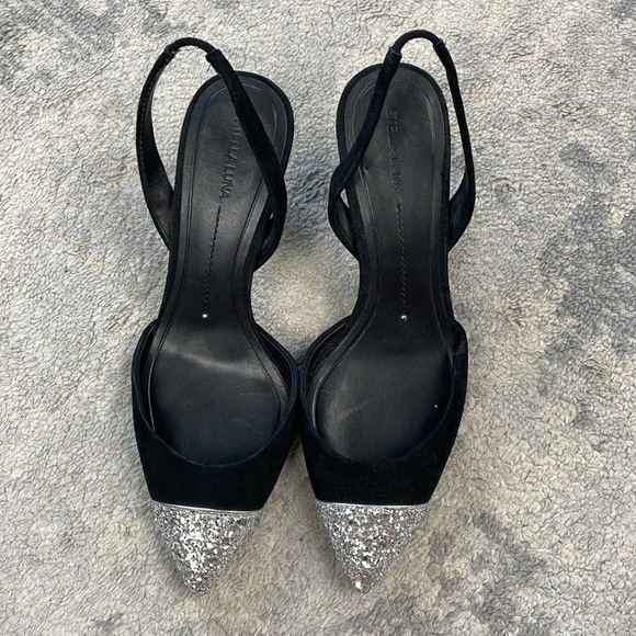 New Stella Luna Silver Glitter Cap Toe Sling Back Heels Black Sz 36 - Picture 3 of 14